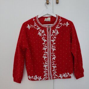 1960s Red Beaded Cardigan Sweater / 38-40 Bust / White French Beads Dimoncelli